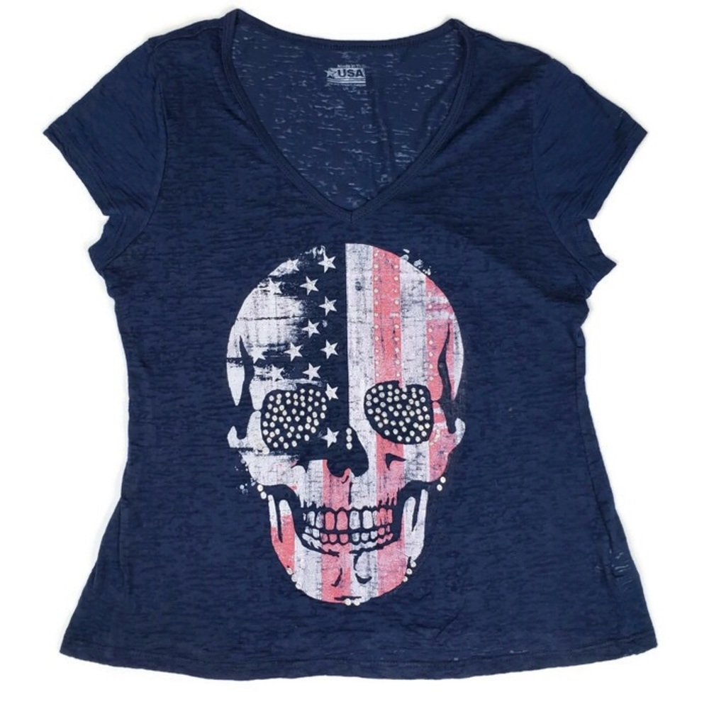 Just USA Navy American Flag Skull Women's Tee